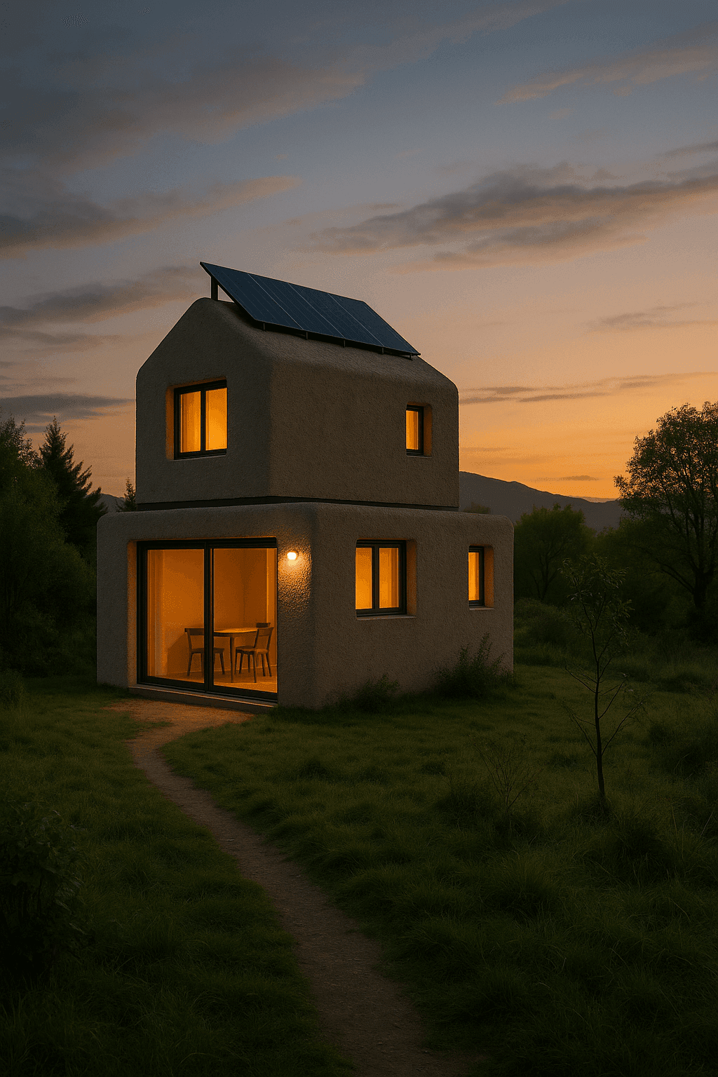 Two-story modular PRP home at dusk with warm lighting, solar panels, and eco-friendly hempcrete walls.