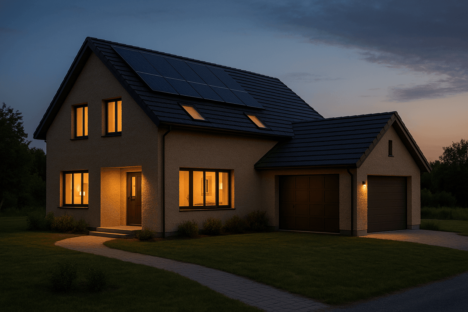 Two-story PRP family home with solar roof tiles, warm interior lighting, and garage, shown at twilight on a landscaped garden.
