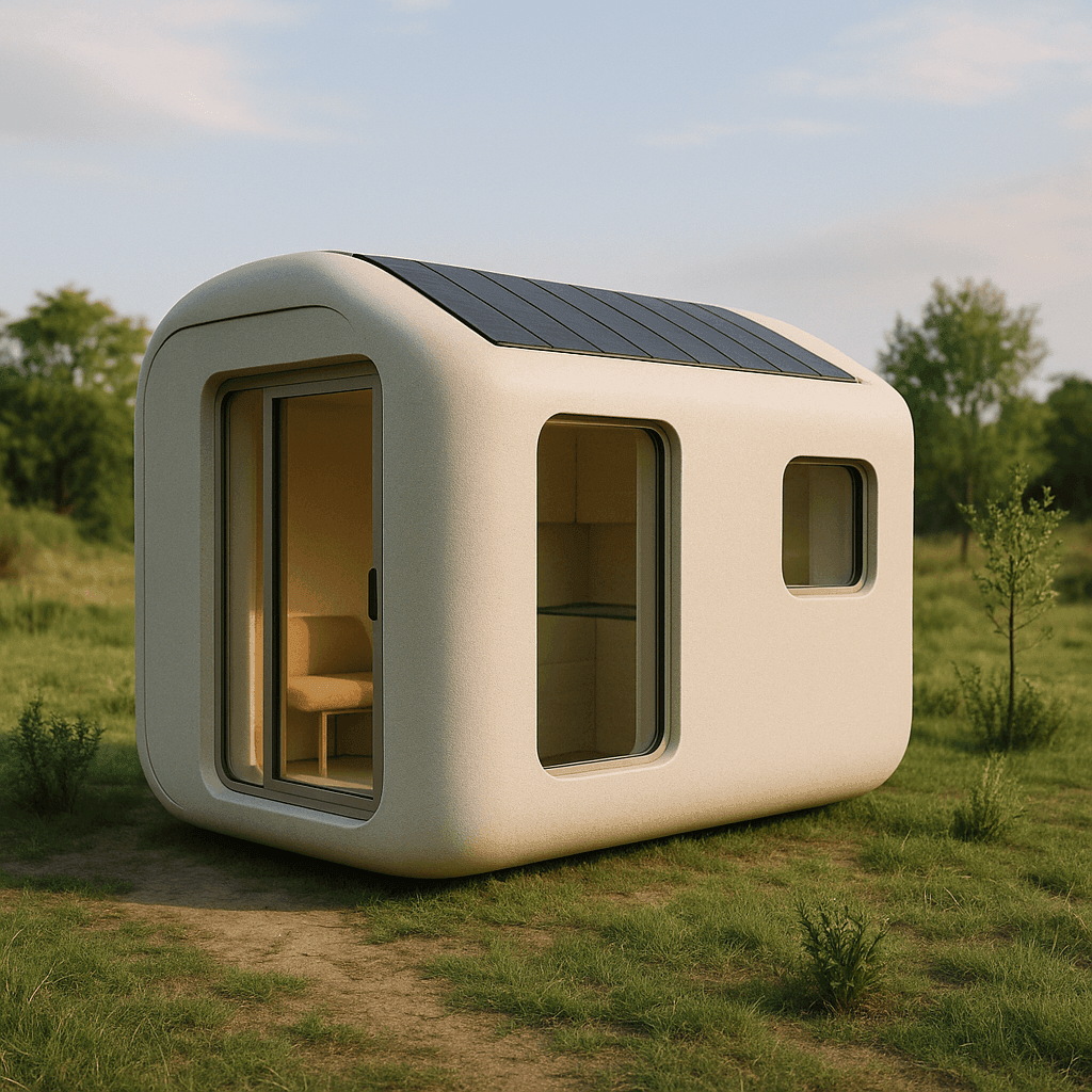 “Exterior of a compact PRP pod home with solar roof panels, large windows, and eco-friendly design, set in a grassy landscape.”