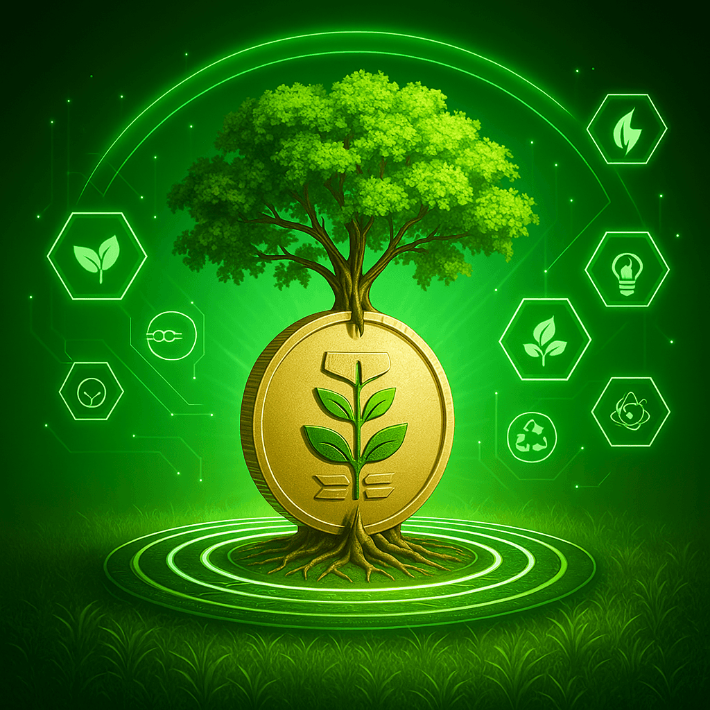"Digital artwork of a tree growing from a gold coin with a leaf symbol, surrounded by green eco-icons, representing the $PLANTFIBRE token's role in funding sustainable modular housing on Solana."